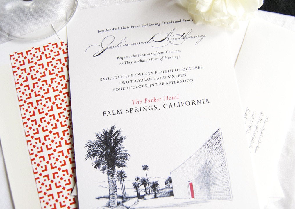 The Parker Palm Springs Hand Drawn Destination Wedding Invitation Package (Sold in Sets of 10 Invitations, RSVP Cards + Envelopes)