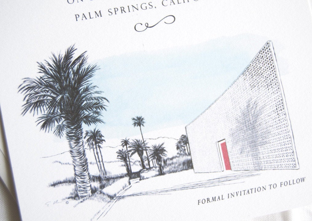 The Parker Palm Springs Destination Wedding Hand Drawn Skyline Save the Date Cards (set of 25 cards and white envelopes)