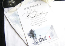 Load image into Gallery viewer, The Parker Palm Springs Destination Wedding Hand Drawn Skyline Save the Date Cards (set of 25 cards and white envelopes)
