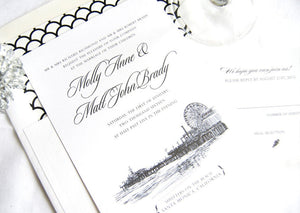 Santa Monica Pier Skyline Hand Drawn Wedding Invitations Package (Sold in Sets of 10 Invitations, RSVP Cards + Envelopes)