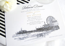 Load image into Gallery viewer, Santa Monica Pier Skyline Hand Drawn Rehearsal Dinner Invitations (set of 25 cards)
