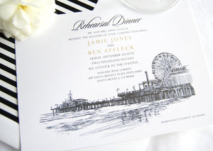 Santa Monica Pier Skyline Hand Drawn Rehearsal Dinner Invitations (set of 25 cards)