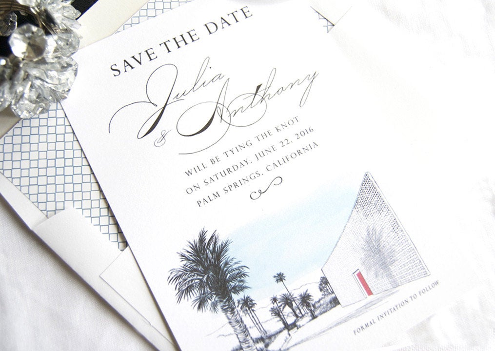 The Parker Palm Springs Destination Wedding Hand Drawn Skyline Save the Date Cards (set of 25 cards and white envelopes)