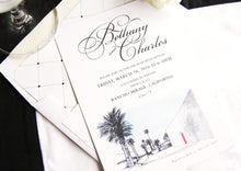 Load image into Gallery viewer, The Parker Palm Springs Destination Wedding Skyline Hand Drawn Rehearsal Dinner Invitations (set of 25 cards)

