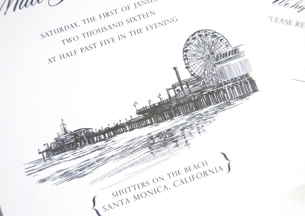 Santa Monica Pier Skyline Hand Drawn Wedding Invitations Package (Sold in Sets of 10 Invitations, RSVP Cards + Envelopes)