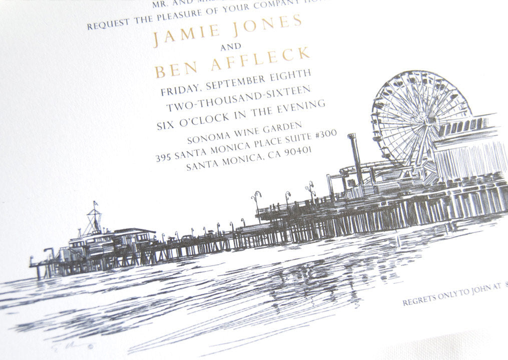 Santa Monica Pier Skyline Hand Drawn Rehearsal Dinner Invitations (set of 25 cards)