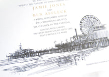 Load image into Gallery viewer, Santa Monica Pier Skyline Hand Drawn Rehearsal Dinner Invitations (set of 25 cards)
