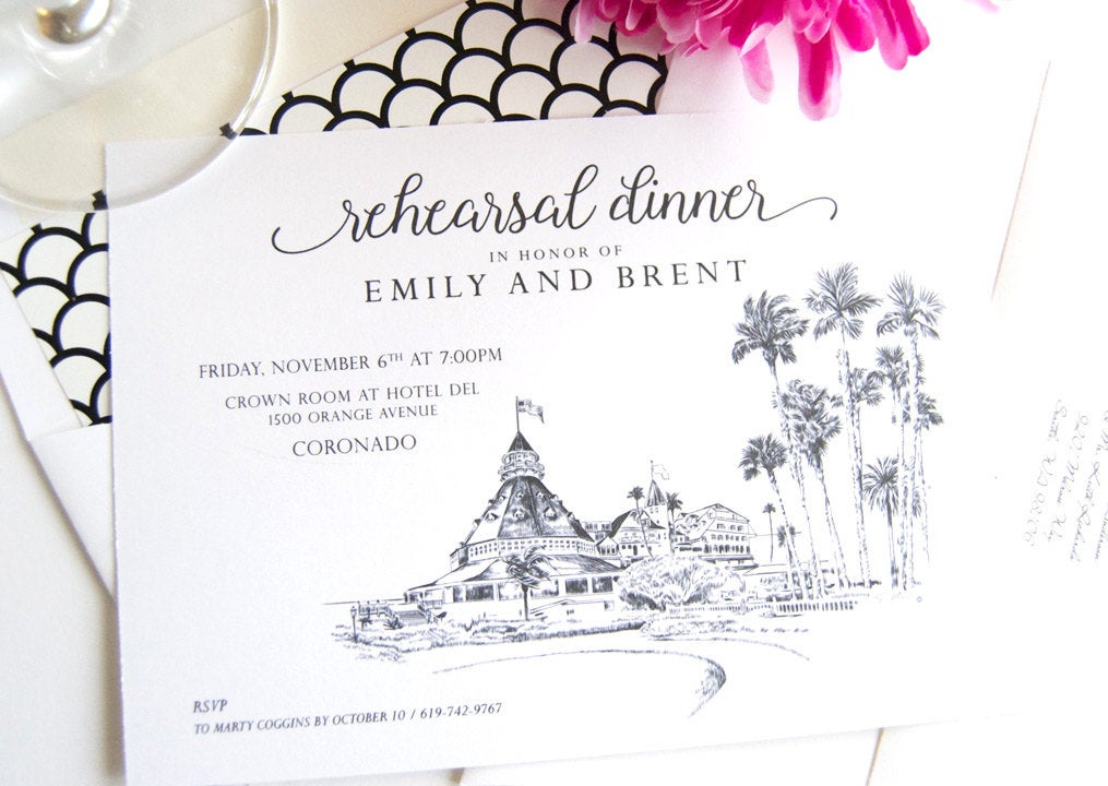 Hotel Del Coronado Skyline Rehearsal Dinner Invitations (set of 25 cards)