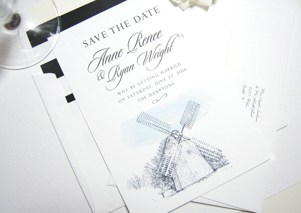 The Hamptons Hand Drawn Windmill  Save the Date Cards (set of 25 cards and white envelopes)