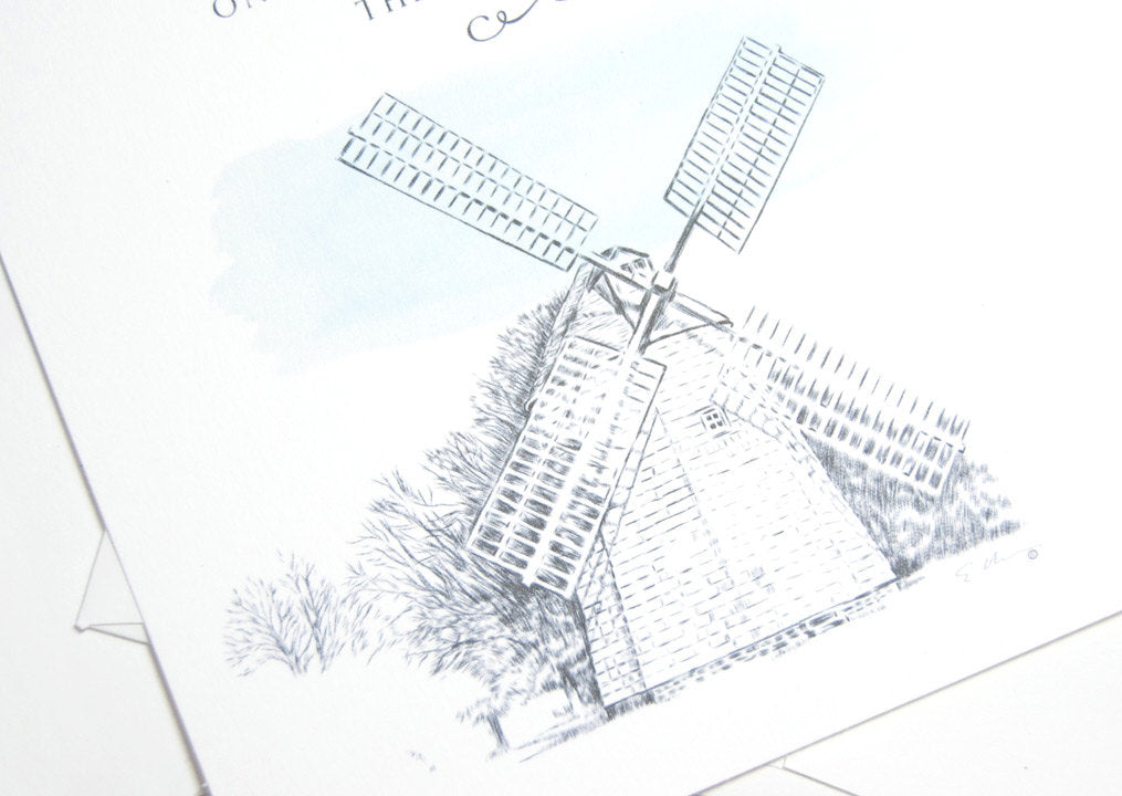 The Hamptons Hand Drawn Windmill  Save the Date Cards (set of 25 cards and white envelopes)