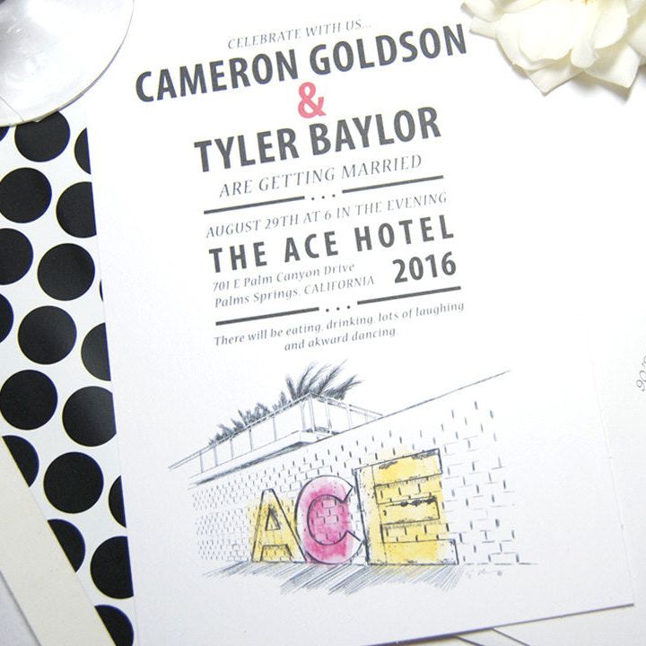 Ace Hotel Palm Springs Skyline Wedding Invitations Package (Sold in Sets of 10 Invitations, RSVP Cards + Envelopes)