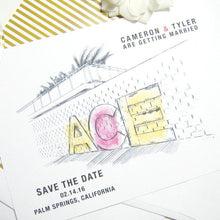 Load image into Gallery viewer, Ace Hotel Palm Springs Destination Wedding Hand Drawn Skyline Save the Date Cards (set of 25 cards and white envelopes)
