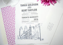Load image into Gallery viewer, Toronto Flatiron Building Skyline Hand Drawn Wedding Invitations Package (Sold in Sets of 10 Invitations, RSVP Cards + Envelopes)
