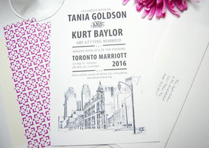 Toronto Flatiron Building Skyline Hand Drawn Wedding Invitations Package (Sold in Sets of 10 Invitations, RSVP Cards + Envelopes)