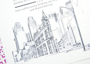 Toronto Flatiron Building Skyline Hand Drawn Wedding Invitations Package (Sold in Sets of 10 Invitations, RSVP Cards + Envelopes)