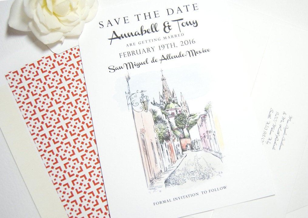 San Miguel, Mexico Skyline Destination Wedding Watercolors Save the Date Cards (set of 25 cards)