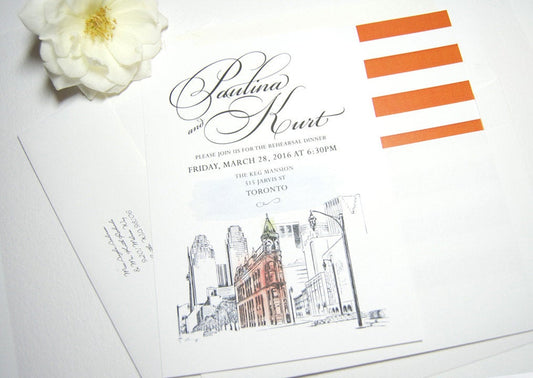 Toronto Flatiron Building Watercolor Skyline Rehearsal Dinner Invitations (set of 25 cards)