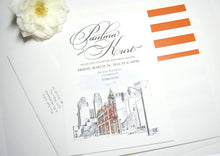 Load image into Gallery viewer, Toronto Flatiron Building Watercolor Skyline Rehearsal Dinner Invitations (set of 25 cards)
