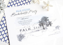 Load image into Gallery viewer, Palm Springs Sign Skyline Hand Drawn Bachelorette Party Invitations (set of 25 cards)
