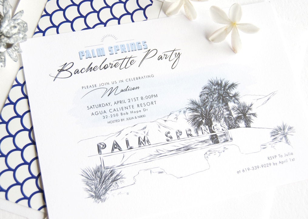 Palm Springs Sign Skyline Hand Drawn Bachelorette Party Invitations (set of 25 cards)