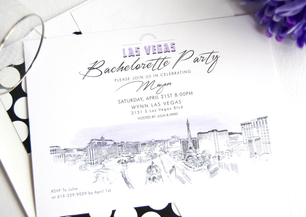 Las Vegas Skyline Hand Drawn Bachelorette Party Invitations (set of 25 cards)
