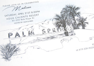 Palm Springs Sign Skyline Hand Drawn Bachelorette Party Invitations (set of 25 cards)