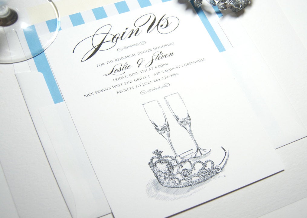 Fairytale Wedding, Disney, Tiara and Champagne Glasses Rehearsal Dinner Invitations (set of 25 cards)