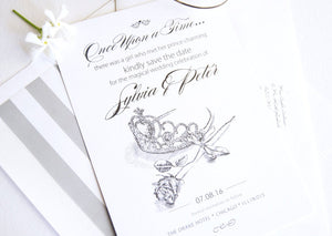 Fairytale Wedding, Cinderella Tiara and Rose, Princess, Disney Wedding Save the Date Cards (set of 25 cards)