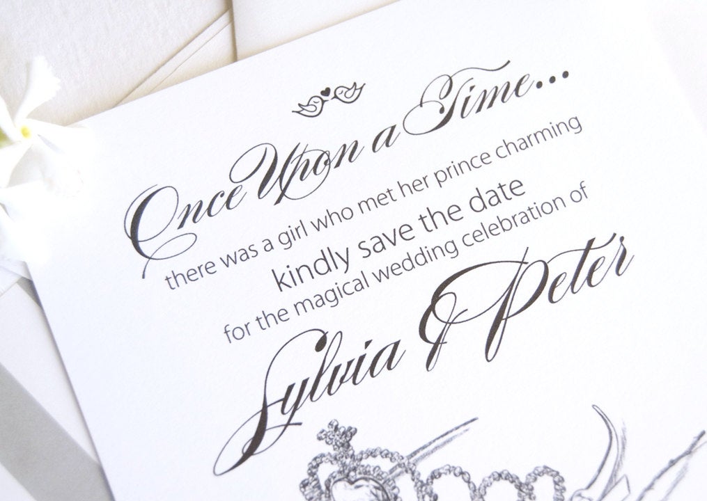 Fairytale Wedding, Cinderella Tiara and Rose, Princess, Disney Wedding Save the Date Cards (set of 25 cards)