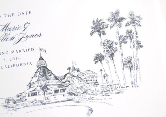 Hotel Del Coronado Hand Drawn Save the Date Cards (set of 25 cards)