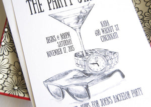 Bachelor Party Invitations, Martini Glass, Sunglasses and Watch, Birthday Party (set of 25 cards and white envelopes)