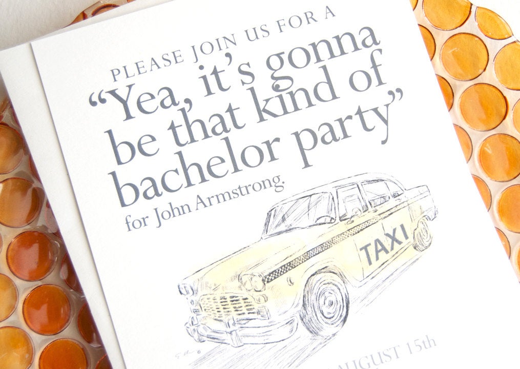 Bachelor Party Invitations Yellow Taxi Watercolor, Birthday Party Invitations (set of 25 cards and white envelopes)