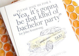 Bachelor Party Invitations Yellow Taxi Watercolor, Birthday Party Invitations (set of 25 cards and white envelopes)
