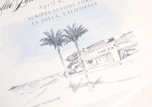 Load image into Gallery viewer, Scripps Seaside Forum, La Jolla, San Diego Skyline Hand Drawn Save the Date Cards (set of 25 cards)
