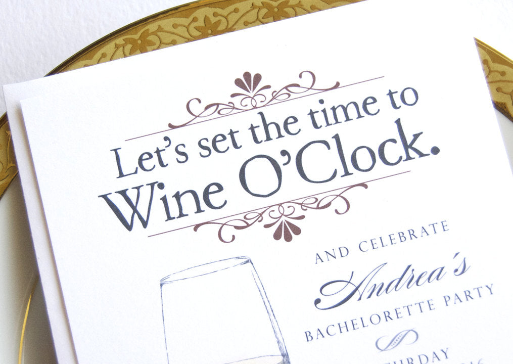 Bachelorette Party Invitations, Wine O'clock, Watercolor, Hand Drawn (set of 25 cards)