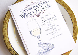 Bachelorette Party Invitations, Wine O'clock, Watercolor, Hand Drawn (set of 25 cards)