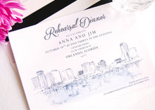 Load image into Gallery viewer, Orlando Skyline Rehearsal Dinner Invitation, Hand Drawn (set of 25 cards)
