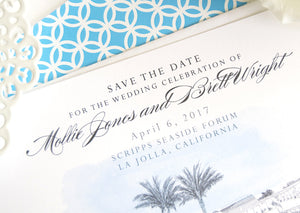 Scripps Seaside Forum, La Jolla, San Diego Skyline Hand Drawn Save the Date Cards (set of 25 cards)