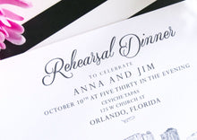 Load image into Gallery viewer, Orlando Skyline Rehearsal Dinner Invitation, Hand Drawn (set of 25 cards)
