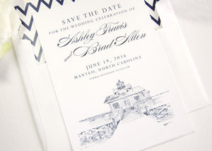 North Carolina Roanoke Marshes Lighthouse in Manteo Skyline Wedding Save the Dates (set of 25 cards)