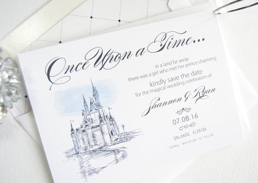 Fairytale Wedding, Cinderella's Castle, Disney Inspired World Resort, Orlando Wedding Watercolor Save the Date Cards (set of 25 cards)