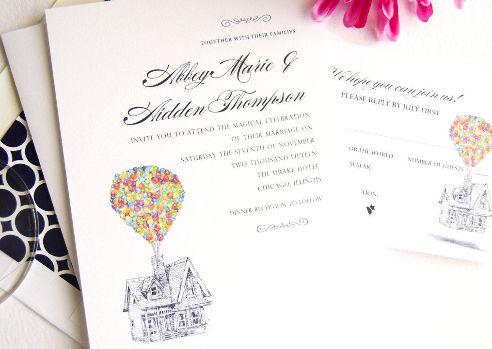 Disney Inspired UP House Wedding Invitations, Bottle Cap, Balloons (Set of 10 Invitations, RSVP Cards + Envelopes)