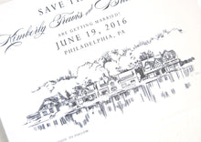 Load image into Gallery viewer, Boathouse Row, Philadelphia Wedding Skyline Save the Dates, Save the Date Cards (set of 25 cards and white envelopes)
