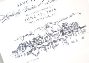 Boathouse Row, Philadelphia Wedding Skyline Save the Dates, Save the Date Cards (set of 25 cards and white envelopes)