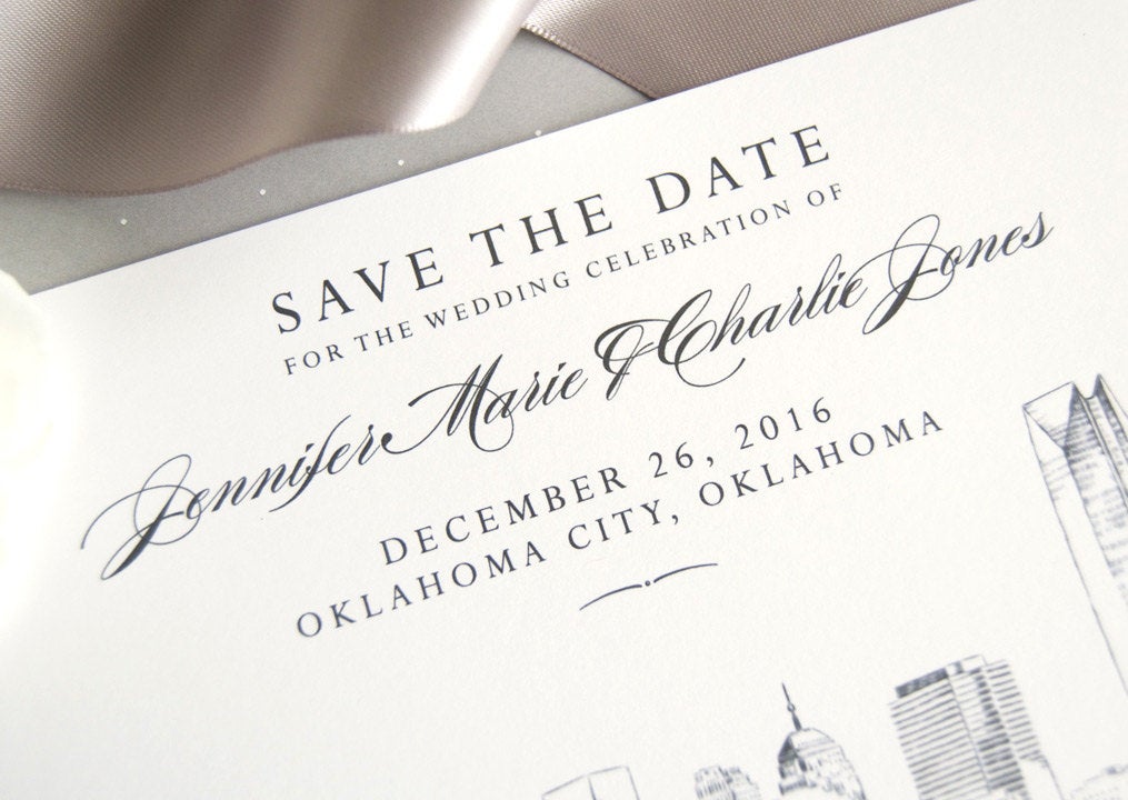 Oklahoma City Skyline Save the Dates, Oklahoma Save the Date, Oklahoma Wedding, OK Save the Date Cards (set of 25 cards and white envelopes)