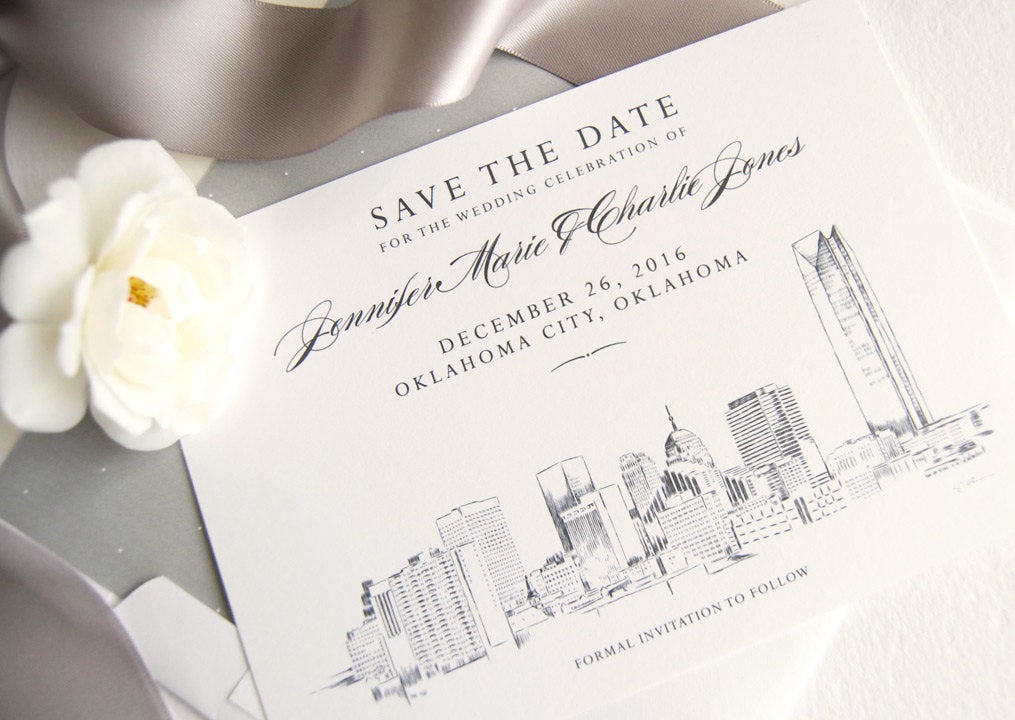 Oklahoma City Skyline Save the Dates, Oklahoma Save the Date, Oklahoma Wedding, OK Save the Date Cards (set of 25 cards and white envelopes)