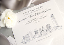 Load image into Gallery viewer, Oklahoma City Skyline Save the Dates, Oklahoma Save the Date, Oklahoma Wedding, OK Save the Date Cards (set of 25 cards and white envelopes)
