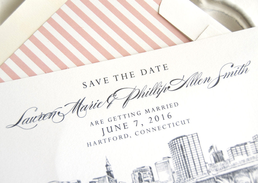 Hartford, Conneticut Skyline Save the Date Cards (set of 25 cards and white envelopes)