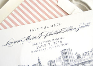 Hartford, Conneticut Skyline Save the Date Cards (set of 25 cards and white envelopes)
