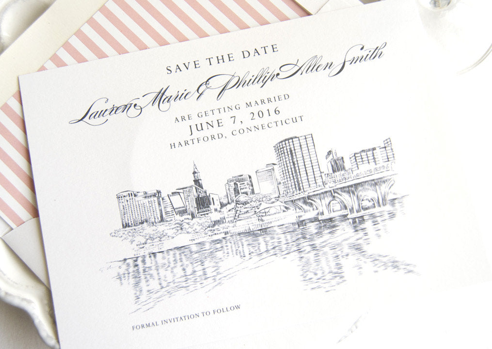 Hartford, Conneticut Skyline Save the Date Cards (set of 25 cards and white envelopes)